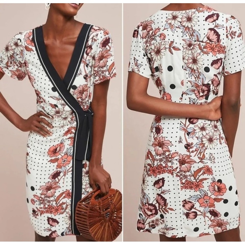 NEW‎ Maeve by Anthropologie Aubrey Wrap Dress White Floral Polka Dot V-Neck Sz 2